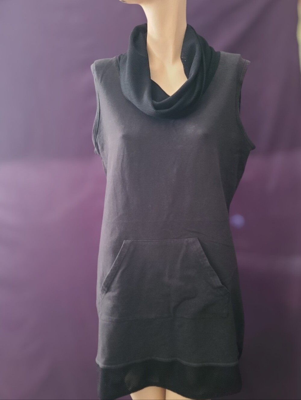 Tonia DeBellis Sleeveless Cowl Neck Mesh Trim Tunic Vest – Black